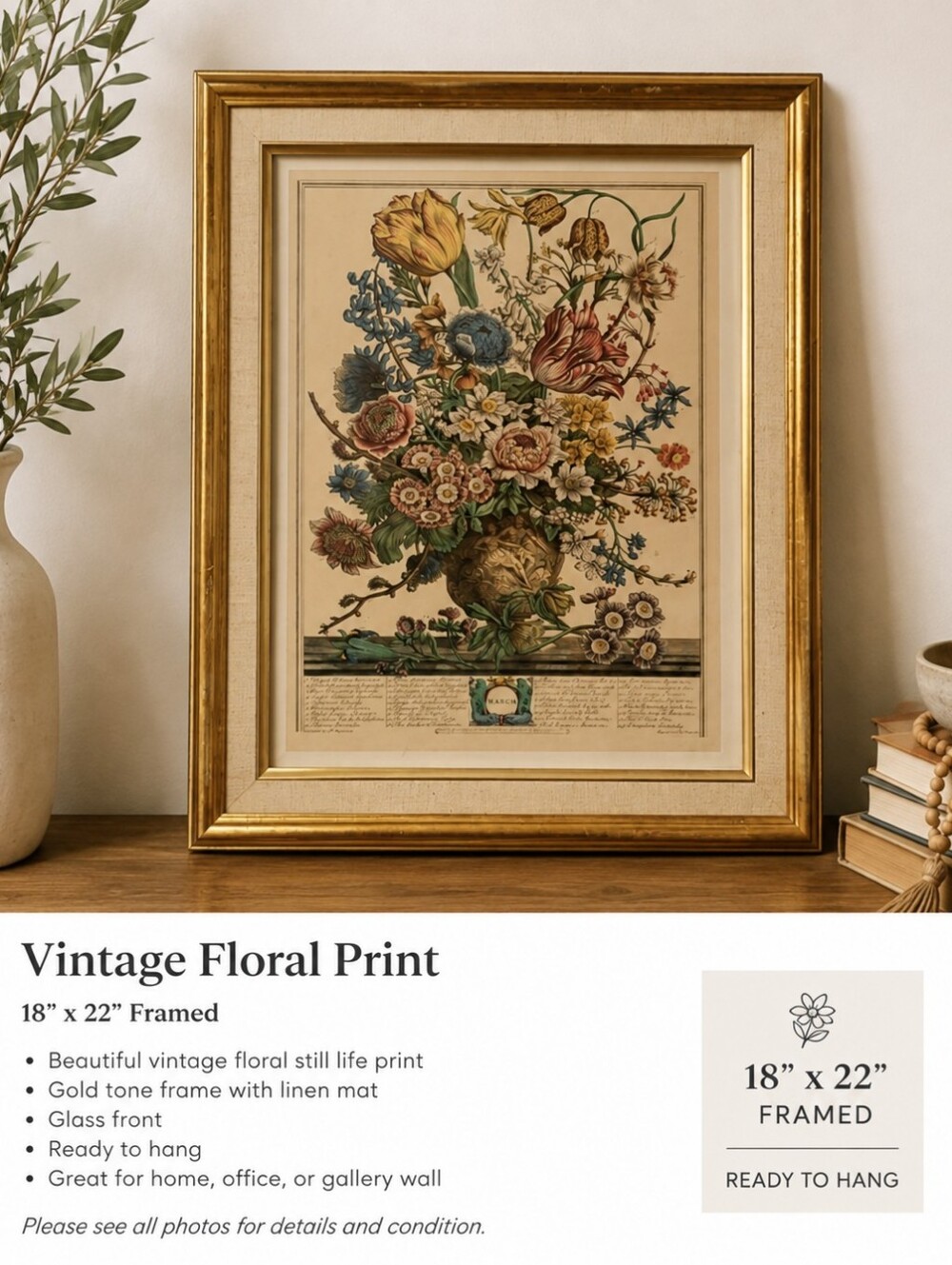 Vintage Botanical Floral Print | Framed Wall Art | 18" x 22"